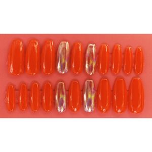 70's Orange Holographic Medium Round Coffin Gloss Orange Press On Nails Long
